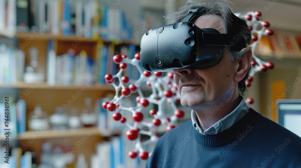 Man with VR headset among molecular structures Man with VR headset among molecular structures