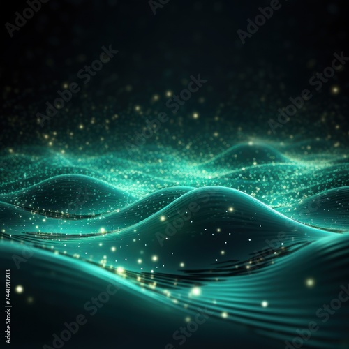 Digital mint particles wave and light abstract background with shining dots