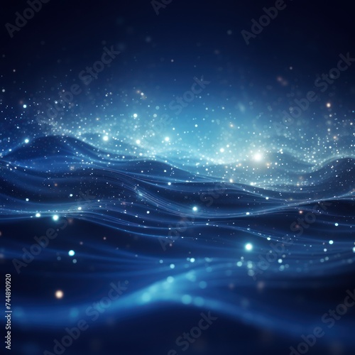 Digital navy blue particles wave and light abstract background with shining dots