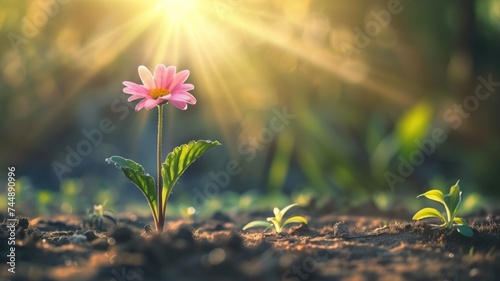 Pink flower blooming with sunlight behind it
