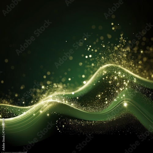 Digital olive particles wave and light abstract background with shining dots