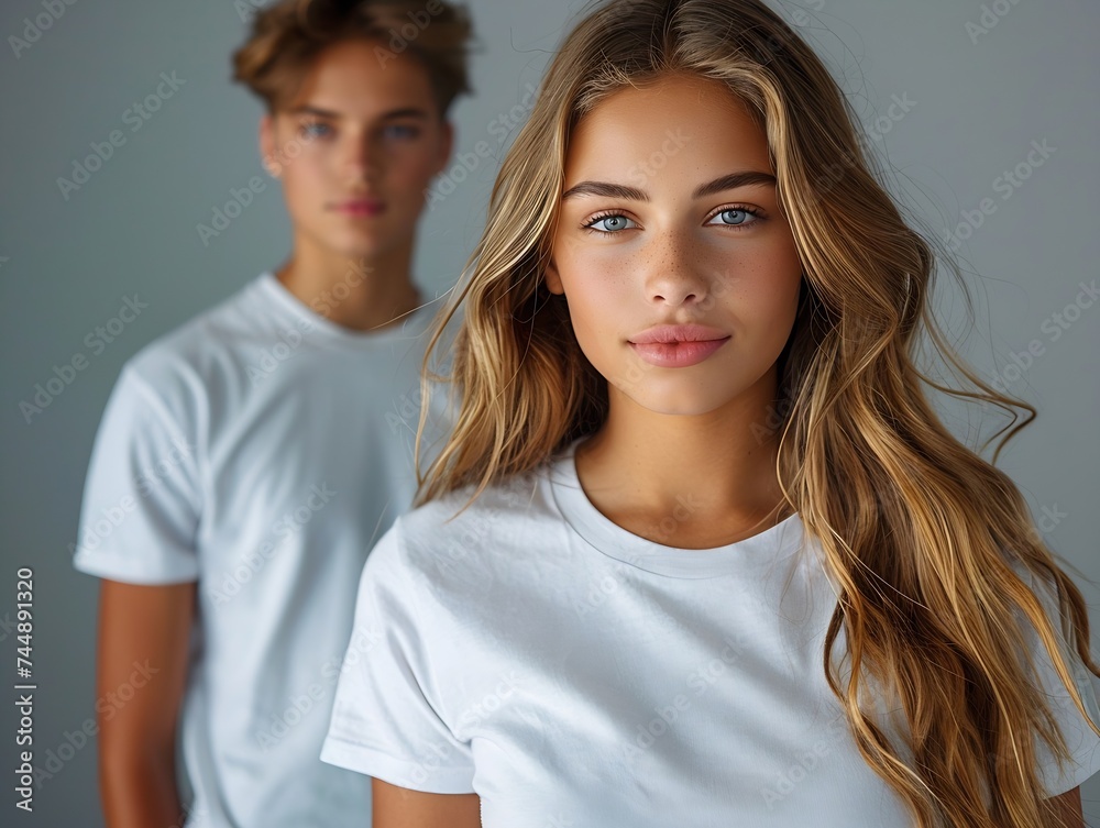 Generative AI : T-shirt design, people concept - closeup of young woman and man in blank white shirt