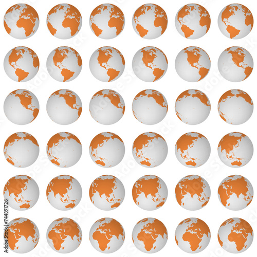 Collection of planet globes. Slanted sphere view. Rotation step 10 degrees. Solid color style. World map with sparse graticule lines on bright background. Classic vector illustration.