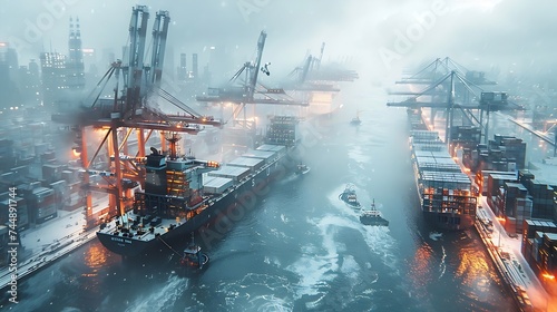 Generative AI : ship surrounded by towering cranes and stacks of shipping containers
