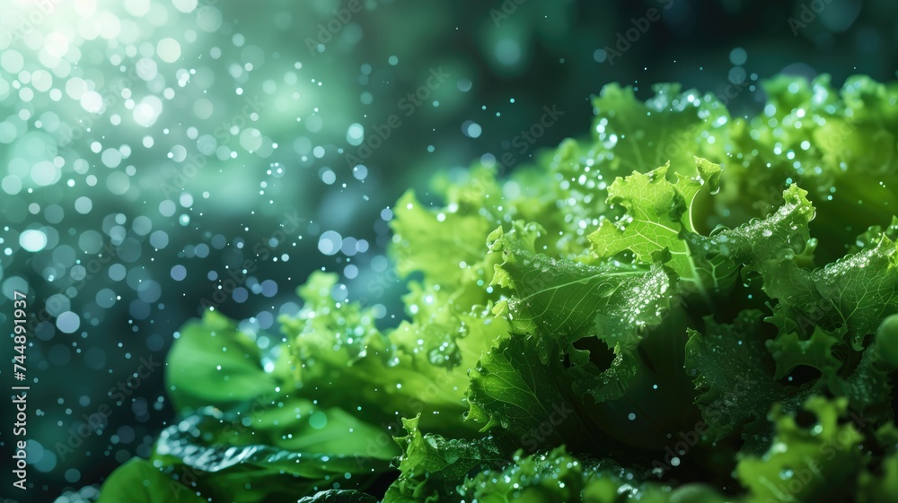 Fresh lettuce with water droplets under soft lighting Fresh lettuce with water droplets under soft lighting