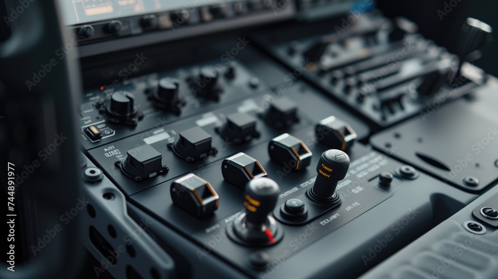 Cockpit control panel with various switches and knobs