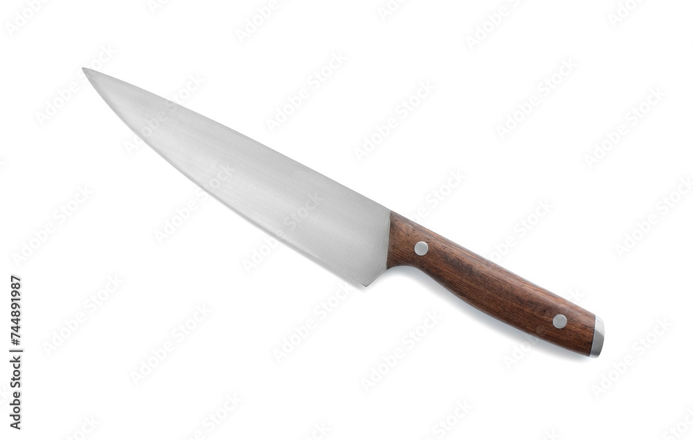 One sharp knife with wooden handle isolated on white, top view