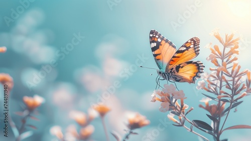 Butterfly on flowers with a soft blue background