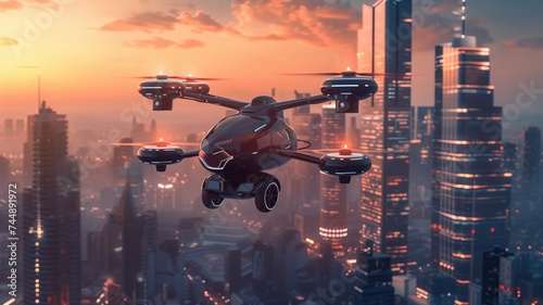Futuristic flying car with drones over a city skyline at dusk