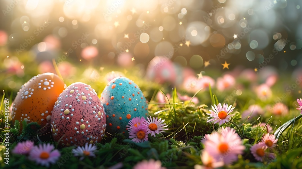 Generative AI : colorful easter eggs with flowers on white wooden table. Generative AI : colorful easter eggs with flowers on white wooden table.