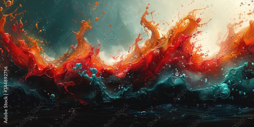 A hyper-realistic illustration of a red and blue wave crashing on a shore.