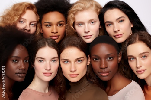 Diverse group of young women with various skin tones and hair types, united in beauty and strength, promoting inclusive beauty standards and multicultural friendship.