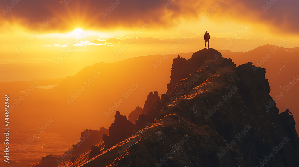 Conquista Triunfante Silhueta Solitária no Pico de uma Montanha ao Pôr do Sol - obrazy, fototapety, plakaty 