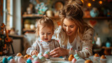 mother and daughter child family prepare easter eggs at home