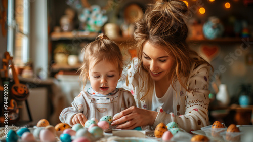 mother and daughter child family prepare easter eggs at home