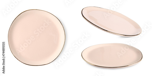 Beige ceramic plate isolated on white, set with different views
