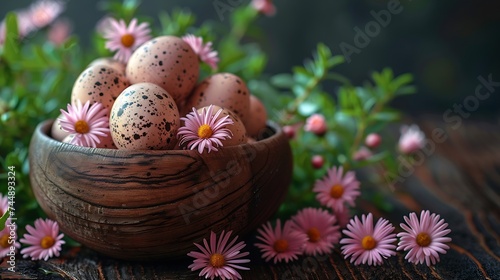 generative ai, Easter background with Easter eggs and spring flowers.