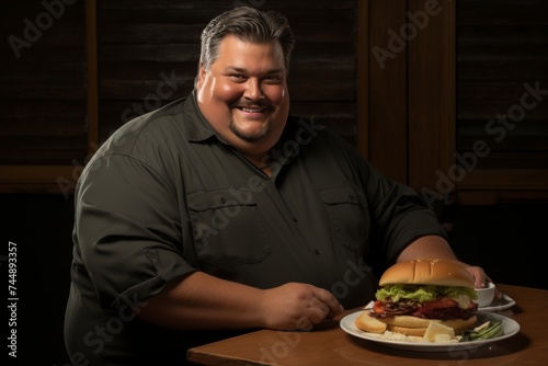 A smiling man is sitting at a table in a restaurant, enjoying a delicious burger with a side of cheese sticks and pickles. He is wearing a black shirt and has a happy expression on his face.