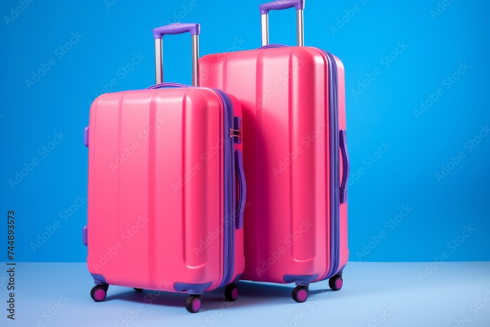 Two bright pink suitcases, one large and one small, with vibrant purple handles, placed side by side on the ground against a blue backdrop, offer style and practicality for your journey. Two bright pink suitcases, one large and one small, with vibrant purple handles, placed side by side on the ground against a blue backdrop, offer style and practicality for your journey.