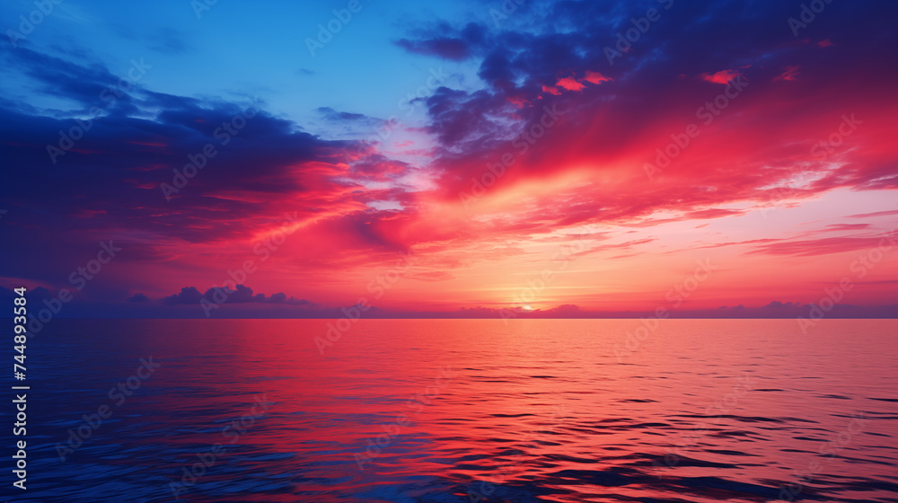 Tropical sunset over the ocean with clouds on the horizon