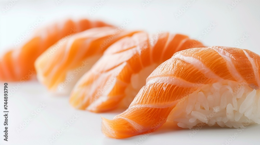 Fresh Salmon Nigiri Sushi Close-up on Minimalist White Background Fresh Salmon Nigiri Sushi Close-up on Minimalist White Background