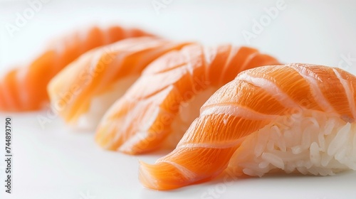 Fresh Salmon Nigiri Sushi Close-up on Minimalist White Background