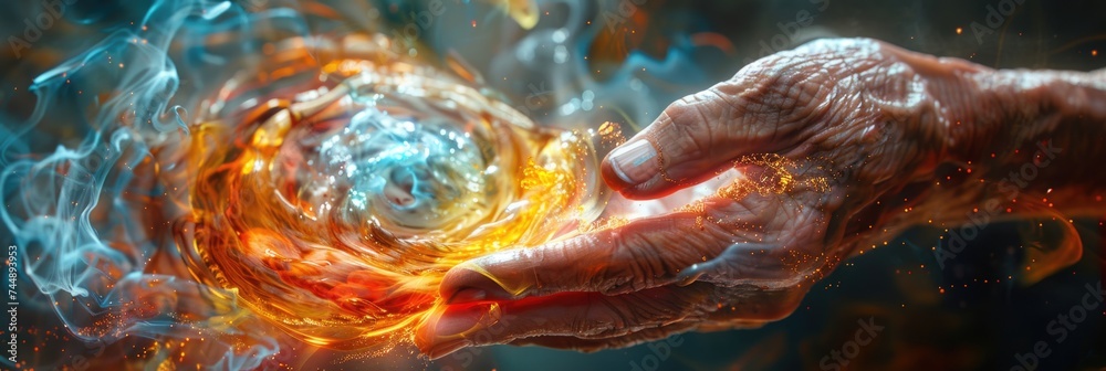 A hand tightly grips a ball of fire and water in a striking contrast of elements. - obrazy, fototapety, plakaty 