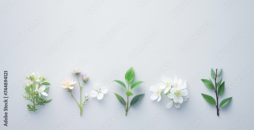 Fototapeta premium Serene floral composition on pastel background for wedding card invitation