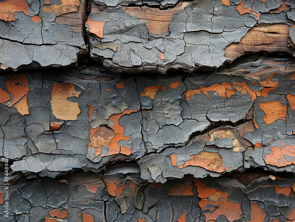 Charred Wood Texture with Peeling Orange Paint