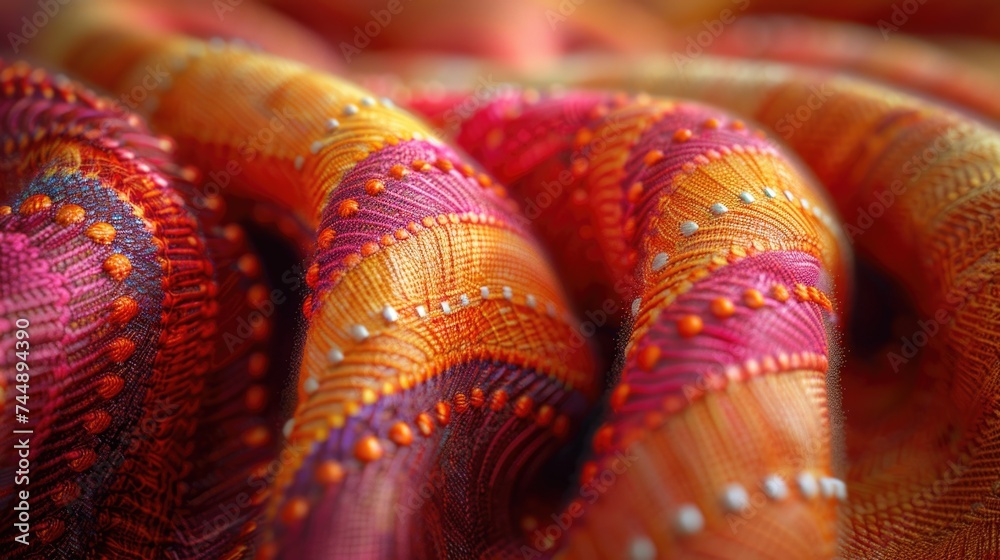 Detailed view of a bright and colorful piece of cloth, showcasing intricate patterns and textures up close. - obrazy, fototapety, plakaty 