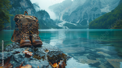A hiker's backpack and a pair of sturdy boots rest on a rock beside a tranquil mountain lake, ready for an outdoor adventure.