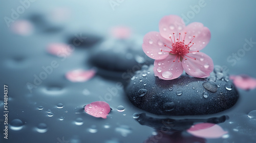 Serene cherry blossom on water stones for spa wallpaper
