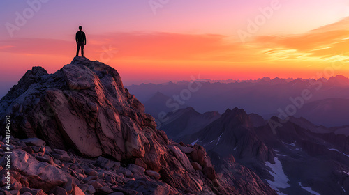 A força da determinação figura solitária na montanha enfrenta desafios para alcançar um amanhecer magnífico