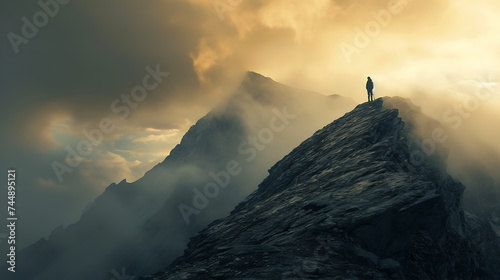 Triunfo no Pico Silhueta Contra o Pôr do Sol Promessa de Novos Começos © Alexandre