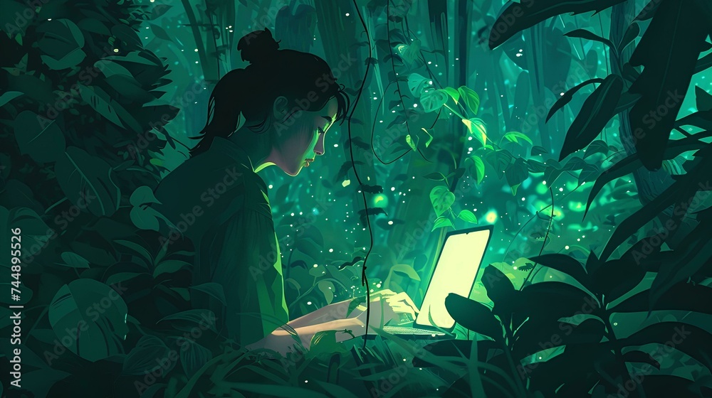 Fototapeta premium Side view of female hands typing on laptop keyboard with green plant tropical leaves and bokeh light background
