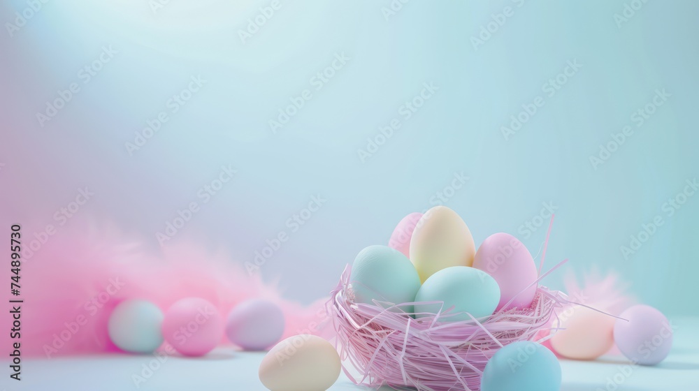Easter eggs in a basket on a blue background Easter eggs in a basket on a blue background