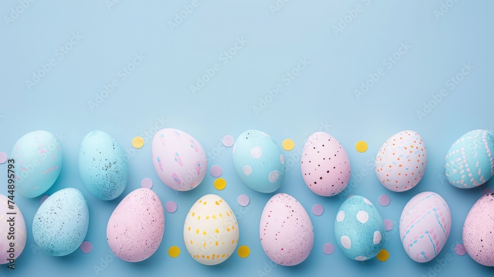 Colorful easter eggs on pastel blue background with copy space.