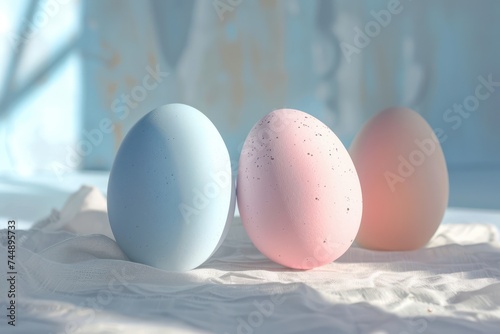 Three pastel colored easter eggs on a white tablecloth with sunlight