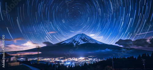 A city nightscape, a night sky and a mount Fuji styled mountain. Night skies ofer the land of the rising sun. photo