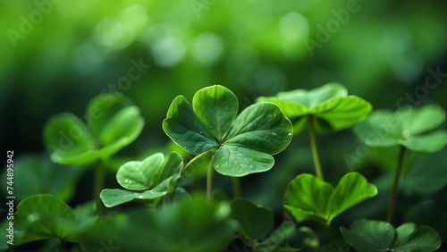 Green background with three-leaved shamrocks. St. Patrick s day holiday symbol. Shallow DOF. Selective focus.AI Generated