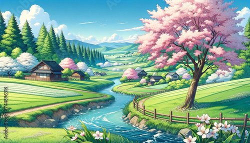 桜の咲く田舎の小川