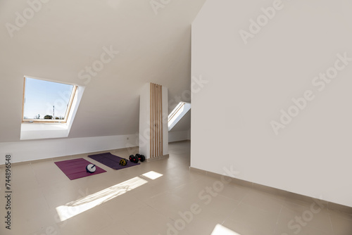 Large room dedicated to a gym on a high floor with sloping ceilings