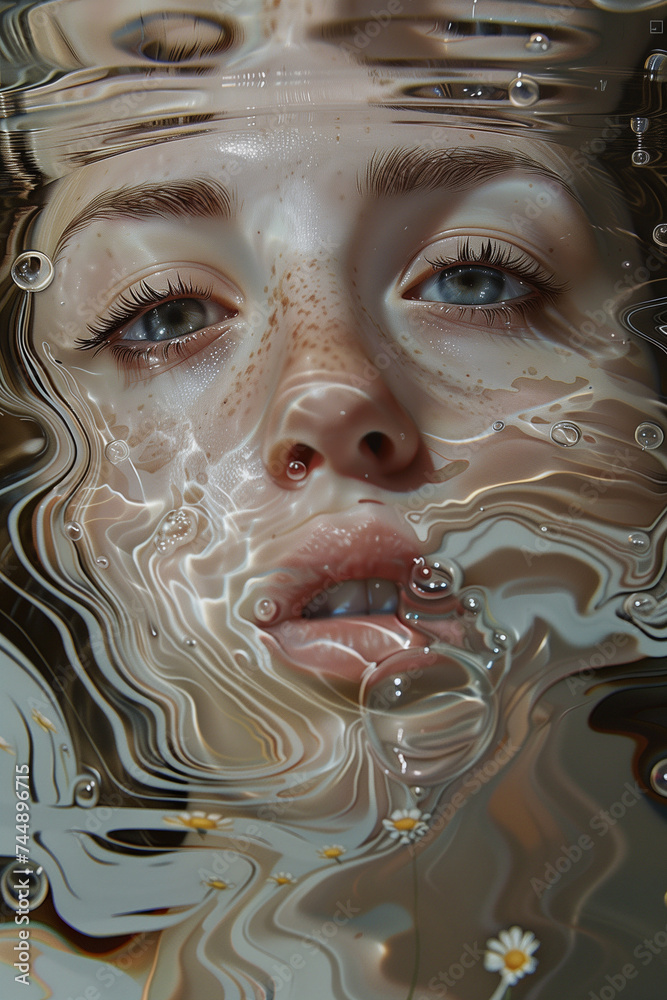 Submerged Beauty: Close-Up Portrait of Woman Under Water with Air Bubbles Submerged Beauty: Close-Up Portrait of Woman Under Water with Air Bubbles
