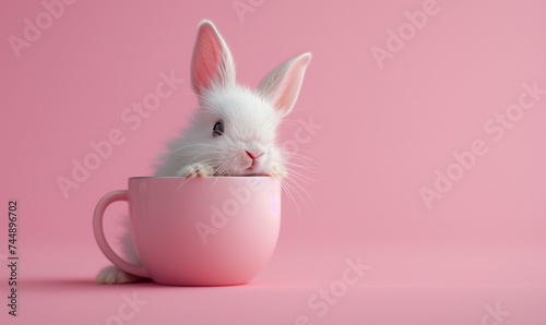 White Bunny in Pink Cup on Pink Background © augenperspektive
