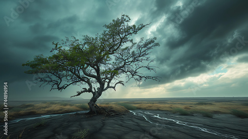 Resiliência a árvore solitária desafiando a tempestade resistindo ao vento e à chuva com firmeza