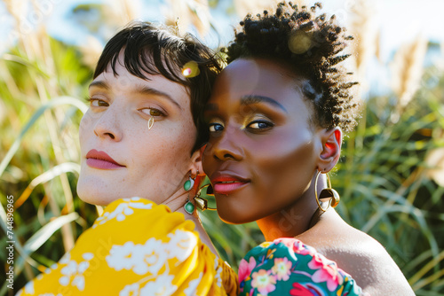 Young gay female lesbian couple in love wearing bright clothing for a lgbtq+ pride mardi gras party, girfriend partners of mixed race, black skin and caucasian, queer, bi diverse portrait outdoors  photo