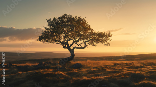 Árvore solitária desafia adversidade em paisagem vasta e árida com silhueta marcante sob horizonte dourado ao pôr do sol