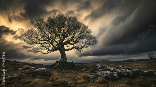Um solitário carvalho resistindo à tempestade raízes firmes no solo sob um céu dramático e promissor photo