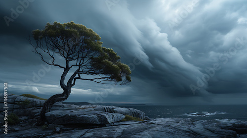 Resiliência e força Árvore solitária desafia a tempestade em um penhasco rochoso contra um céu sombrio e dramático photo