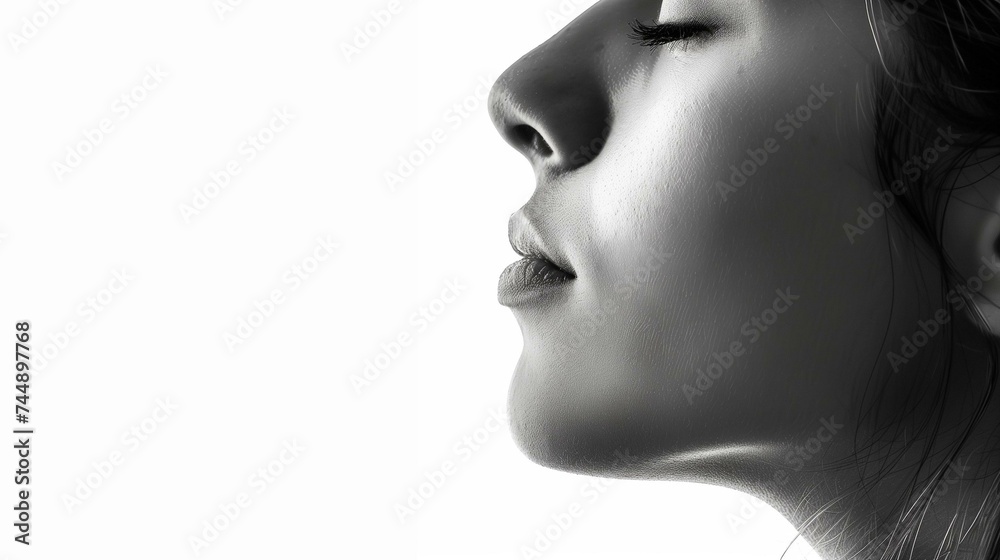 Serene Beauty in High-Contrast Black and White, Woman Profile Close-Up